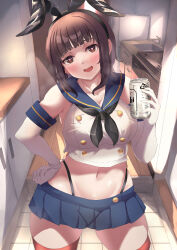 Rule 34 | 1girl, absurdres, beer can, black hairband, black neckerchief, black panties, blue sailor collar, blue skirt, breasts, brown eyes, brown hair, butter curry, can, cosplay, cowboy shot, crop top, drink can, elbow gloves, gloves, hairband, heart, heart-shaped pupils, highleg, highleg panties, highres, holding, holding can, indoors, kantai collection, kitchen, large breasts, looking at viewer, microskirt, navel, neckerchief, original, panties, sailor collar, shimakaze (kancolle), shimakaze (kancolle) (cosplay), short hair, skirt, solo, standing, striped clothes, striped thighhighs, symbol-shaped pupils, thighhighs, thong, underwear, white gloves, wide hips