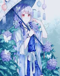 Rule 34 | 1girl, animal, bad id, bad pixiv id, blue dress, blue ribbon, bug, butterfly, butterfly hair ornament, closed mouth, commentary request, constellation print, dress, fingernails, flower, hair flower, hair ornament, hair ribbon, hand up, highres, holding, holding umbrella, hydrangea, insect, long hair, long sleeves, migolu, outdoors, pleated dress, print dress, purple flower, purple hair, red eyes, ribbon, rose, sidelocks, smile, solo, standing, umbrella, very long hair, vocaloid, white flower, white rose, white umbrella, wide sleeves, wind chime, xingchen