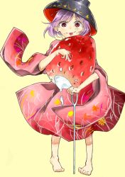Rule 34 | 1girl, absurdres, bad id, bad pixiv id, barefoot, bowl, bowl hat, commentary request, food, food on face, fruit, hat, highres, japanese clothes, jpeg artifacts, kimono, long sleeves, mini person, minigirl, needle, purple eyes, purple hair, satoukouki, smile, solo, strawberry, sukuna shinmyoumaru, tongue, tongue out, touhou, wide sleeves