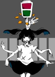Rule 34 | 1girl, absurdres, black hair, black skirt, drooling, extra arms, floating hair, fujishiroooo3, hand on own head, highres, monoko, short hair, short twintails, simple background, skirt, solo, spot color, standing, tears, traffic light, twintails, waving arms, yume nikki