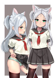 Rule 34 | 1girl, :3, :d, animal ears, arms behind back, azur lane, black skirt, blush, cat ears, cat girl, clothes lift, commentary request, dedorudy, from side, green eyes, highres, lifting own clothes, long hair, looking at viewer, midriff peek, multiple views, neckerchief, open mouth, panties, pleated skirt, presenting, red neckerchief, sailor collar, school uniform, serafuku, shirt, sims (azur lane), skindentation, skirt, skirt lift, slit pupils, smile, standing, striped clothes, striped panties, teasing, thighhighs, thighs, underwear, very long hair, white hair, white shirt