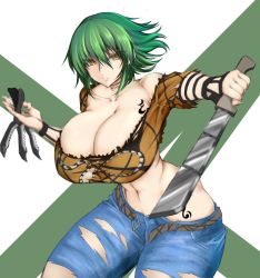 Rule 34 | 1girl, animal print, belt, breast tattoo, breasts, cleavage, denim, expressionless, green hair, highres, hikage (senran kagura), holding, holding weapon, jeans, kintsuba (kintsuba 08), knife, large breasts, medium hair, navel, pants, senran kagura, snake print, tattoo, torn clothes, torn pants, weapon