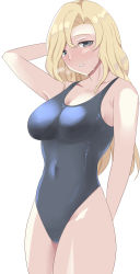 Rule 34 | 1girl, alternate costume, arm behind back, arm behind head, bad id, bad pixiv id, bell, blonde hair, blue one-piece swimsuit, breasts, cleavage, collarbone, competition swimsuit, covered navel, cowboy shot, grey eyes, highleg, highleg swimsuit, highres, hornet (kancolle), kantai collection, long hair, looking at viewer, medium breasts, one-piece swimsuit, pachio, simple background, solo, sweatdrop, swimsuit, white background