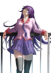 1girl against_railing bakemonogatari black_thighhighs long_hair long_sleeves looking_at_viewer monogatari_(series) naoetsu_high_school_uniform necktie parted_lips pink_shirt pleated_skirt profile purple_eyes purple_hair purple_necktie purple_skirt railing school_uniform senjougahara_hitagi shirt simple_background skirt solo standing thighhighs user_epur5853 white_background zettai_ryouiki