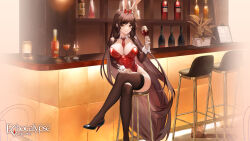 Rule 34 | 1girl, animal ears, artist request, bar (place), bar stool, between breasts, black footwear, bottle, bow, breasts, brown (echocalypse), brown hair, collar, crossed legs, cup, detached collar, drinking glass, echocalypse, fake animal ears, hair bow, hand on own thigh, high heels, highres, holding, holding cup, large breasts, leotard, long hair, menu, necktie, necktie between breasts, official art, patent heels, plant, playboy bunny, pumps, rabbit ears, red bow, red eyes, red leotard, red necktie, red soles, red wine, second-party source, shoes, shrug (clothing), sitting, solo, stiletto heels, stool, strapless, strapless leotard, thighhighs, very long hair, white collar, wine bottle, wine glass
