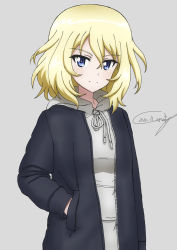 Rule 34 | 1girl, artist name, black jacket, blonde hair, blue eyes, bukkuri, casual, closed mouth, commentary request, dated, drawstring, girls und panzer, grey background, grey shirt, hand in own hair, highres, hood, hood down, hoodie, jacket, long sleeves, looking at viewer, medium hair, messy hair, open clothes, open jacket, oshida (girls und panzer), partial commentary, shirt, signature, simple background, smile, solo, standing, zipper