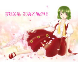 Rule 34 | 1girl, ascot, bad id, bad pixiv id, character name, closed umbrella, female focus, flower, geike, green hair, highres, kazami yuuka, mary janes, petals, reclining, red eyes, shoes, short hair, skirt, skirt set, solo, sunflower, touhou, umbrella, untied, vest
