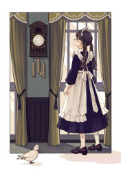 Rule 34 | 1girl, apron, arms at sides, bird, blue dress, blunt bangs, blush, brown eyes, brown hair, clock, closed mouth, commentary request, curtains, day, dress, frilled apron, frills, from behind, full body, highres, indoors, kashiwagi chisame, legs apart, long hair, long sleeves, looking at clock, maid, maid headdress, original, outside border, pendulum clock, profile, purple footwear, ribbon, shadow, shoes, solo, standing, sunlight, twintails, white apron, white legwear, white ribbon, window