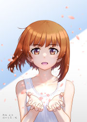 Rule 34 | 1girl, absurdres, bare arms, brown eyes, brown hair, collarbone, female focus, girls und panzer, highres, looking at viewer, mushinosuke, nishizumi miho, open mouth, petals, shirt, short hair with long locks, signature, sleeveless, sleeveless shirt, solo, straight hair, twitter username, upper body, white shirt