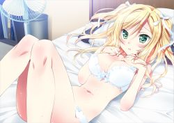 Rule 34 | 1girl, bare legs, bare shoulders, bed, blonde hair, blue bra, blue panties, blush, bow, bow bra, bow panties, bra, breasts, cleavage, friends (aile), game cg, green eyes, hair ornament, hair ribbon, hairpin, kamiya maneki, knees together feet apart, lace, lace-trimmed bra, lace-trimmed panties, lace trim, large breasts, legs together, lingerie, long hair, lying, mogami yui, navel, on back, panties, ribbon, solo, sweat, two side up, underwear, underwear only