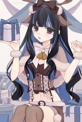 Rule 34 | 1388chan, 1girl, animal costume, belt, black hair, blue hair, box, christmas ornaments, colored inner hair, fate/grand order, fate (series), gift, gift box, grey eyes, headpiece, highres, holding, holding gift, long hair, looking at viewer, multicolored hair, navel, reindeer costume, sitting, solo, tenochtitlan (fate), two-tone hair