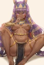 Rule 34 | 1girl, absurdres, animal ears, barefoot, bracelet, breasts, breasts apart, dark-skinned female, dark skin, fate/grand order, fate (series), free style (yohan1754), hair ornament, hairband, hand to own mouth, highres, jewelry, leaning back, long hair, looking at viewer, medium breasts, multicolored hair, navel, nitocris (fate), nitocris (third ascension) (fate), pelvic curtain, purple eyes, purple hair, rabbit ears, revision, shiny skin, sidelocks, simple background, sitting, smile, solo, spread legs, tattoo, thighlet, two-tone hair, underboob, very long hair, yellow background