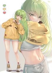 Rule 34 | 1girl, budgiepon, c.c., code geass, commentary request, cowboy shot, dolphin shorts, food, full body, grey shorts, grey sports bra, heart, heart hands, highres, leaning to the side, looking at viewer, mouth hold, multiple views, pizza, shoes, shorts, simple background, sneakers, sports bra, sweater, undressing, white background, white footwear, yellow sweater