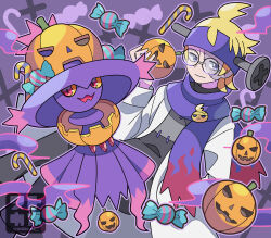 Rule 34 | 1boy, alternate costume, blonde hair, candy, candy cane, candy wrapper, closed mouth, coat, commentary request, creatures (company), food, game freak, gen 4 pokemon, glasses, halloween costume, hand up, headband, highres, holding, jack-o&#039;-lantern, male focus, mismagius, morty (pokemon), nintendo, open clothes, open coat, pants, pokemon, pokemon (creature), pokemon hgss, purple headband, purple scarf, round eyewear, scarf, smile, stitches, sutokame, white coat