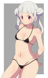 Rule 34 | 1girl, arashi chisato, arms behind back, artist name, artist request, bare legs, bare shoulders, bikini, black bikini, blush, breasts, cleavage, collarbone, double bun, female focus, grey background, hair bun, hair tie, highres, long hair, looking at viewer, love live!, love live! superstar!!, parted lips, red eyes, small breasts, smile, solo, string bikini, sweatdrop, swimsuit, thighhighs, white background, white hair