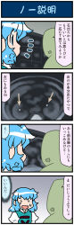 Rule 34 | 4koma, artist self-insert, blue eyes, blue hair, comic, commentary, gradient background, highres, juliet sleeves, long sleeves, mizuki hitoshi, monitor, open mouth, pointer, puffy sleeves, short hair, smile, sweat, tatara kogasa, thought bubble, touhou, translated, vest, x-ray