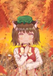 Rule 34 | 1girl, :3, absurdres, animal ear piercing, animal ears, artist name, blurry, blurry foreground, brown eyes, brown hair, cat ears, cat tail, chen, closed mouth, commentary request, depth of field, earrings, fang, fang out, food, food on face, frills, gold trim, green hat, hand up, hat, highres, holding, holding food, jewelry, knees to chest, leaf, leaf background, light smile, long sleeves, looking at viewer, mob cap, multiple tails, nekomata, petite, petticoat, puffy long sleeves, puffy sleeves, red skirt, red vest, short hair, single earring, sitting, skin fang, skirt, skirt set, solo, sweet potato, tail, touhou, twitter username, two tails, vest, yu chaco ru