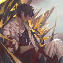 Rule 34 | 1boy, arknights, black hair, blood, blood on clothes, blood on face, commentary, dark-skinned male, dark skin, ear piercing, earclip, english commentary, grey background, highres, injury, jacket, jewelry, male focus, manjyufroth, necklace, orange eyes, pants, piercing, ponytail, profile, shirt, short ponytail, simple background, sitting, solo, spikes, thorns (arknights), white pants