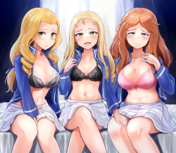 Rule 34 | 3girls, bc freedom military uniform, black bra, blonde hair, blue eyes, blush, bra, breasts, closed mouth, collarbone, crossed legs, drill hair, girls und panzer, green eyes, hand on another&#039;s leg, highres, indoors, isabe (girls und panzer), kitayama miuki, large breasts, lingerie, long hair, looking at viewer, marie (girls und panzer), military, military uniform, miniskirt, multiple girls, navel, on bed, open mouth, orange hair, pink bra, pleated skirt, skirt, small breasts, smile, sofue (girls und panzer), underwear, uniform, white skirt, window