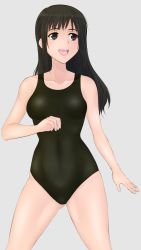 Rule 34 | 10s, 1girl, absurdres, arm at side, bad id, bad pixiv id, black eyes, black hair, black one-piece swimsuit, blush, breasts, clenched hand, collarbone, cowboy shot, gluteal fold, green kaminari, grey background, happy, highres, hip focus, legs apart, long hair, looking to the side, medium breasts, one-piece swimsuit, open clothes, open mouth, seiren, sidelocks, simple background, smile, solo, standing, swimsuit, thighs, touno kyouko