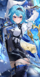 Rule 34 | 1girl, absurdres, arms up, black gloves, black hairband, blue cape, blue gloves, blue hair, blue necktie, blush, boots, breasts, cape, chest harness, clothing cutout, eula (genshin impact), floating hair, floating neckwear, genshin impact, gloves, greatsword, hair between eyes, hairband, harness, high-waist shorts, highres, holding, holding weapon, large breasts, long sleeves, looking to the side, medium hair, necktie, neco taya, puffy long sleeves, puffy sleeves, shorts, shoulder cutout, sidelocks, solo, song of broken pines (genshin impact), sword, thigh boots, twitter username, two-sided gloves, vision (genshin impact), weapon, white sleeves