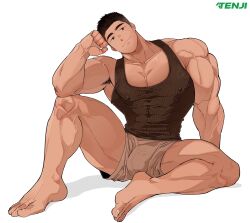 Rule 34 | 1boy, armpit hair, armpits, bara, black hair, bulge, covered erect nipples, dark-skinned male, dark skin, full body, head rest, highres, large pectorals, looking at viewer, male focus, muscular, muscular male, on floor, original, pectoral cleavage, pectorals, shadow, shirt, short hair, simple background, sitting, smile, solo, tenji (tenji 89), thick eyebrows, tight clothes, tight shirt, v-taper, veins, veiny arms, white background