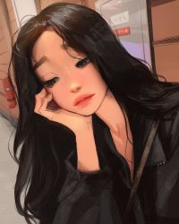 Rule 34 | 1girl, arm support, black hair, brown eyes, closed mouth, collarbone, highres, lips, long hair, long sleeves, looking down, photo-referenced, real life, sam yang, solo