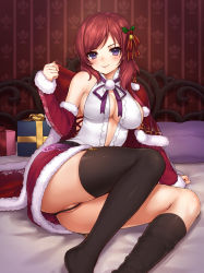 Rule 34 | &gt;:), 10s, 1girl, arm support, arm warmers, ass, bare shoulders, bed, bed sheet, bedroom, bell, belt, black panties, black thighhighs, box, breasts, capelet, cleavage, closed mouth, dust, fur trim, garter straps, gift, gift box, hair bell, hair ornament, hair ribbon, highres, holly, indoors, leaning back, looking at viewer, love live!, love live! school idol project, mashuu (neko no oyashiro), medium breasts, mistletoe, nishikino maki, on bed, panties, partially visible vulva, pillow, pink lips, purple eyes, purple ribbon, red hair, red ribbon, red skirt, ribbon, sideboob, sitting, skirt, sleeveless, solo, thighhighs, thighhighs pull, thighs, tsurime, underwear, undressing, v-shaped eyebrows