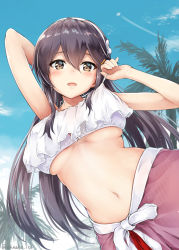 Rule 34 | 1girl, aircraft, airplane, alternate costume, black hair, blue sky, blush, breasts, brown eyes, contrail, day, hair between eyes, hair ornament, hairclip, haruna (kancolle), kantai collection, large breasts, long hair, looking at viewer, navel, oonaka ito, open mouth, outdoors, palm tree, sky, solo, stomach, swimsuit, tree