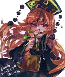 Rule 34 | 1girl, ahoge, beads, black dress, black hat, brown eyes, completion time, crying, crying with eyes open, dated, doryata, dress, floral print, flower, flower over mouth, hat, highres, holding, holding flower, junko (touhou), long hair, orange hair, rose print, signature, simple background, solo, tears, touhou, white background, white flower