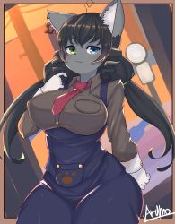 Rule 34 | 1girl, :3, absurdres, ahoge, animal ear fluff, animal ears, artist name, backlighting, black hair, blue eyes, body fur, border, breast pocket, breasts, brown border, brown shirt, cat ears, cat girl, closed mouth, collared shirt, cowboy shot, drill hair, earrings, female focus, furry, furry female, green eyes, hair tie, hand up, happy, heterochromia, highres, jewelry, large breasts, long hair, long sleeves, looking at viewer, necktie, original, outdoors, outside border, overalls, paw print, pocket, power lines, red necktie, road sign, ryuusui arumo, shirt, sidelocks, sign, signature, single earring, smile, solo, standing, sunset, twin drills, twintails, utility pole, wide hips