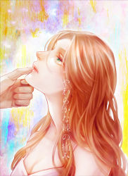 Rule 34 | 1girl, aerith gainsborough, bare shoulders, breasts, brown hair, cleavage, dress, final fantasy, final fantasy vii, green eyes, hair down, hand on another&#039;s chin, lips, long hair, looking at another, medium breasts, multicolored background, out of frame, parted bangs, parted lips, pink dress, sidelocks, sleeveless, sleeveless dress, solo focus, tetra takamine, upper body