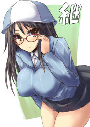 Rule 34 | 10s, 1girl, adjusting hair, bespectacled, black skirt, blue hat, blue shirt, breasts, brown eyes, brown hair, closed mouth, cowboy shot, dress shirt, girls und panzer, glasses, grey skirt, hanging breasts, hat, kanji, large breasts, leaning forward, long hair, long sleeves, looking at viewer, mika (girls und panzer), miniskirt, pleated skirt, red-framed eyewear, school uniform, shinshin, shirt, skirt, smile, solo, standing, striped clothes, striped shirt, twitter username, vertical-striped clothes, vertical-striped shirt, white shirt
