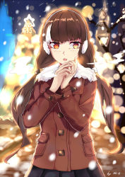 Rule 34 | 1girl, alternate hairstyle, black hair, blush, character name, christmas, christmas tree, coat, cowboy shot, earmuffs, girls&#039; frontline, heterochromia, highres, looking away, mou zhi pingguo, multicolored hair, orange eyes, own hands together, pov, ro635 (girls&#039; frontline), skirt, snow, snowing, solo, streaked hair, twintails, white hair, yellow eyes