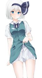 Rule 34 | 1girl, 258n, bloomers, blue eyes, clothes lift, green skirt, green vest, hair between eyes, hairband, highres, konpaku youmu, lifting own clothes, ribbon, shirt, short hair, silver hair, simple background, skirt, skirt lift, smile, solo, thighs, touhou, underwear, vest, white background, white bloomers, white shirt