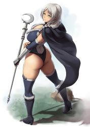 Rule 34 | 1girl, ass, black footwear, boots, breasts, cleavage, commentary, commission, from behind, green eyes, high heels, highres, large breasts, looking at viewer, looking back, original, packge, pointy ears, shadow, silver hair, simple background, solo, staff, standing, thigh boots, thighhighs, thighs, wand, witch