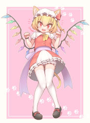 Rule 34 | 1girl, :d, animal ears, ascot, black footwear, blonde hair, bloomers, bow, bracelet, cat day, cat ears, cat tail, clenched hands, crystal, fang, flandre scarlet, flat chest, frilled skirt, frills, harunoha, hat, highres, jewelry, knees together feet apart, mob cap, open mouth, paw pose, paw print, paw print background, pink background, puffy short sleeves, puffy sleeves, red bow, red eyes, red skirt, red vest, sash, shirt, shoes, short hair, short sleeves, simple background, skirt, slit pupils, smile, solo, tail, thighhighs, touhou, underwear, vest, white thighhighs, wings, yellow ascot