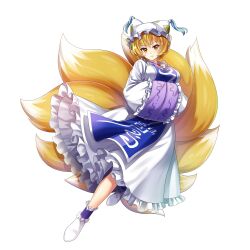 Rule 34 | 1girl, blonde hair, breasts, closed mouth, dress, fox girl, fox tail, frilled dress, frills, full body, game cg, hands in opposite sleeves, hat, highres, kitsune, large breasts, long sleeves, looking at viewer, mob cap, multiple tails, rotte (1109), short hair, simple background, solo, tabard, tail, third-party source, touhou, touhou lostword, white background, white dress, white footwear, white hat, wide sleeves, yakumo ran, yellow eyes