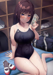 Rule 34 | 1girl, absurdres, arm support, bag, banknote, bare shoulders, black one-piece swimsuit, blue eyes, blush, breasts, brown hair, cleavage, collarbone, commentary request, covered navel, grin, highres, holding, holding money, karaage bou, large breasts, loafers, long hair, looking at viewer, money, one-piece swimsuit, original, purple eyes, school bag, school swimsuit, shoes, sidelocks, sitting, smile, solo, swimsuit, teeth, thighs, wet, white footwear