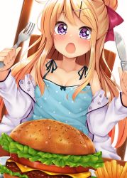 Rule 34 | + +, 1girl, :o, blonde hair, blue dress, blush, bow, breasts, burger, chair, collarbone, commentary request, dress, drooling, dutch angle, food, fork, french fries, hair bow, hair bun, hair ornament, hairclip, highres, holding, holding fork, holding knife, jacket, kin-iro mosaic, knife, kujou karen, long hair, long sleeves, medium breasts, minato ojitan, off shoulder, on chair, open clothes, open jacket, open mouth, polka dot, polka dot dress, purple eyes, red bow, saliva, single hair bun, sitting, sleeveless, sleeveless dress, solo, very long hair, white jacket, x hair ornament