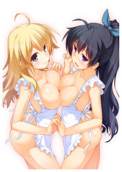 Rule 34 | 2girls, ahoge, apron, ass, black hair, blonde hair, blush, breast press, breasts, cleavage, fang, finger to face, ganaha hibiki, green eyes, highres, holding hands, hoshii miki, idolmaster, idolmaster (classic), interlocked fingers, large breasts, long hair, multiple girls, naked apron, open mouth, purple eyes, racer (magnet), simple background, smile, symmetrical docking
