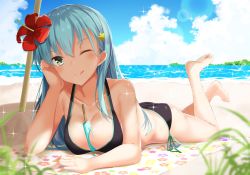 Rule 34 | 1girl, ;q, aqua hair, barefoot, beach, between breasts, bikini, black bikini, blurry, blush, bokeh, breasts, collarbone, day, depth of field, flower, food, full body, green eyes, hair flower, hair ornament, hairclip, hibiscus, highres, kantai collection, long hair, looking at viewer, lossy-lossless, lying, medium breasts, non-web source, on stomach, one eye closed, outdoors, popsicle, side-tie bikini bottom, solo, sparkle, suzuya (kancolle), swimsuit, takehana note, tongue, tongue out