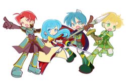 Rule 34 | 1girl, 3boys, armor, black gloves, blonde hair, blue eyes, blue hair, brother and sister, cape, eirika (fire emblem), ephraim (fire emblem), fire emblem, fire emblem: the sacred stones, franz (fire emblem), gloves, green eyes, long hair, multiple boys, nintendo, no pupils, open mouth, pointing, polearm, puyopuyo, rapier, red eyes, red gloves, red hair, seth (fire emblem), short hair, siblings, simple background, smile, spear, standing, sword, weapon, white background