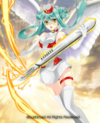 Rule 34 | 1girl, aqua hair, bare shoulders, cardfight!! vanguard, cloud, company name, double bun, electrohm elia, feathered wings, gloves, hat, long hair, nurse cap, official art, open mouth, rurio shinonome, scalpel, sky, solo, sparkle, teeth, thighhighs, wings, yellow eyes