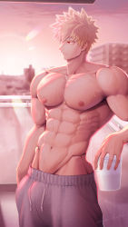 Rule 34 | 1boy, abs, artist name, bakugou katsuki, balcony, bara, biceps, blonde hair, blurry, blurry background, boku no hero academia, building, city, cup, hand in pocket, highres, large pectorals, looking to the side, male focus, manly, mature male, meisho hanten, muscular, muscular male, navel, nipples, outdoors, pants, pectorals, red eyes, short hair, signature, solo, spiked hair, sun, sunlight, sunset, sweat, sweatdrop, thick arms, topless male, track pants, water