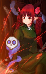 Rule 34 | 1girl, animal ear fluff, animal ears, arm support, bad hands, black bow, blue fire, blunt bangs, bow, braid, cat ears, cat tail, closed mouth, crossed legs, dress, extra ears, feet out of frame, fire, floating skull, green dress, hair bow, hair ribbon, highres, hitodama, juliet sleeves, kaenbyou rin, light blush, light smile, long hair, long sleeves, looking ahead, mikami yuuki (nl8you), multiple tails, nekomata, pointy ears, puffy sleeves, red eyes, red hair, ribbon, sidelighting, sitting, skull ornament, solo, sparks, tail, touhou, tress ribbon, twin braids, twintails, two tails