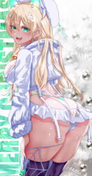 Rule 34 | 1girl, :d, ass, blonde hair, from behind, goddess of victory: nikke, green eyes, green nails, highres, jacket, long hair, long sleeves, looking at viewer, nail polish, open mouth, purple thighhighs, rupee (nikke), rupee (winter shopper) (nikke), smile, solo, teeth, thighhighs, thighs, twitter username, uenoryoma, upper teeth only, white headwear, white jacket