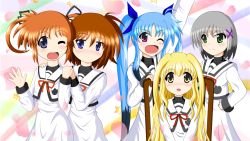 Rule 34 | 5girls, blonde hair, blue eyes, blue hair, blush, brown hair, green eyes, grey hair, hair ornament, hair ribbon, holding hands, hand on shoulder, hands on own hips, heart, highres, long hair, long sleeves, lyrical nanoha, mahou shoujo lyrical nanoha, mahou shoujo lyrical nanoha a&#039;s, mahou shoujo lyrical nanoha a&#039;s portable: the gears of destiny, lord dearche, levi the slasher, stern the destructor, momotensi, multicolored hair, multiple girls, one eye closed, open mouth, purple eyes, red ribbon, ribbon, school uniform, short hair, short twintails, sitting, smile, star (symbol), takamachi nanoha, twintails, yuri eberwein, very long hair, waving, wavy hair, wink, x hair ornament, yellow eyes