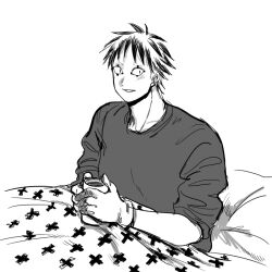 Rule 34 | 1boy, colored tips, cup, dorohedoro, facial mark, greyscale, happy, looking to the side, male focus, monochrome, mug, multicolored hair, no eyebrows, on bed, risu (dorohedoro), shirt, sitting, smile, solo, t-shirt, to (pixiv 34180059), under covers, upper body