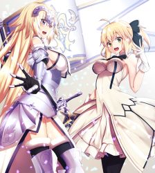 Rule 34 | 2girls, :d, absurdres, ahoge, armor, armored dress, artoria pendragon (all), artoria pendragon (fate), banner, black bow, black thighhighs, blonde hair, blue eyes, bow, bowtie, breasts, caliburn (fate), choker, cleavage, dress, excalibur (fate/stay night), fate (series), fur trim, gauntlets, gloves, green eyes, hair between eyes, hair bow, headpiece, highres, holding, holding sword, holding weapon, jeanne d&#039;arc (fate), jeanne d&#039;arc (ruler) (fate), jeanne d&#039;arc (third ascension) (fate), kawaruhi, large breasts, long hair, looking at viewer, medium breasts, multiple girls, open mouth, pantyhose, ponytail, saber lily, sideboob, skirt, sleeveless, sleeveless dress, smile, standing, strapless, sword, thighhighs, very long hair, weapon, white dress, white gloves, white skirt